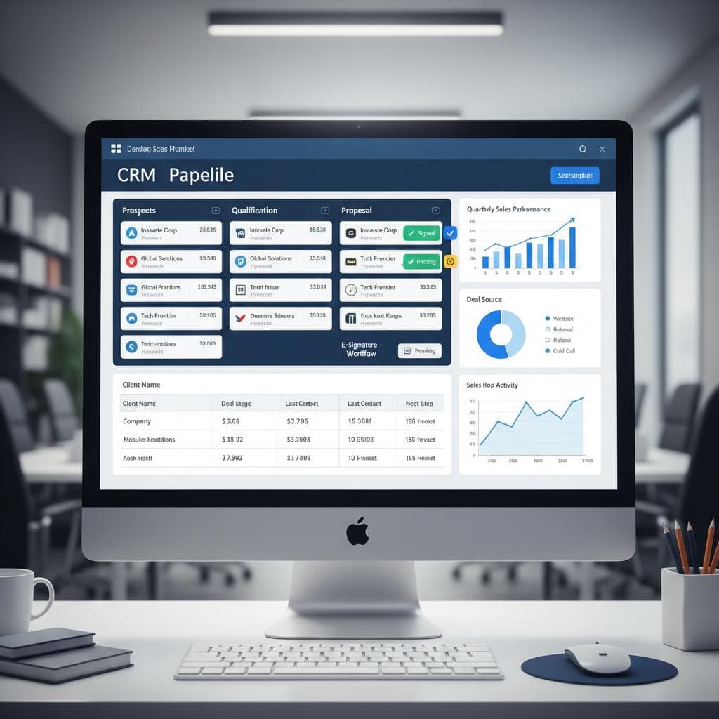 Un pipeline commercial structuré automatise les devis, relances et signatures électroniques.
